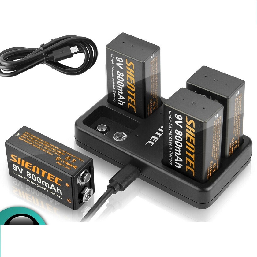 Accu 4pcs 9V Lithium rechargeable + Chargeur USB 4 emplacements(compatible)